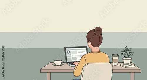 Woman working on laptop at desk with coffee and plant.