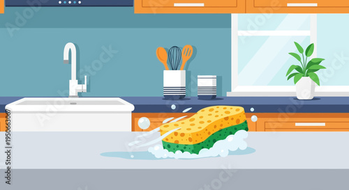 Yellow sponge cleaning kitchen counter with soap bubbles.