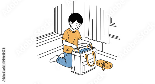 Young boy packing his school bag with care.