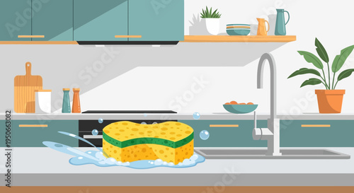 Yellow sponge with green scrub side wet and soapy.