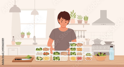 Young man preparing healthy meal prep containers in kitchen.