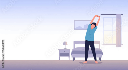 Young woman stretching her body in a bright room.
