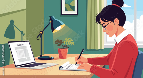 Young woman diligently working at her desk with laptop.