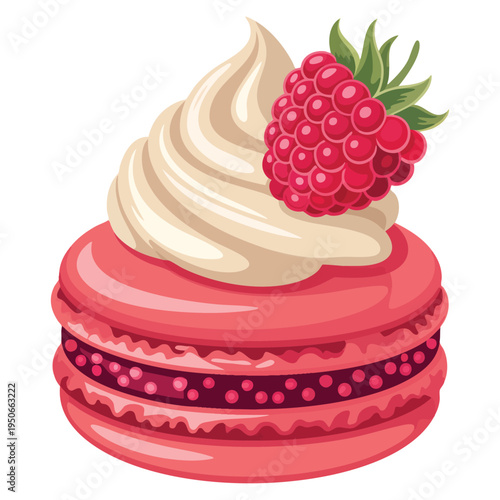 Raspberry flavor French dessert macaron with decorated cream and whole raspberry vector illustration, perfect for sweet treat and bakery themed visuals