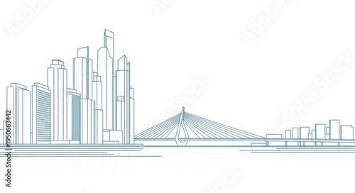 Modern City Skyline with Cable Stayed Bridge Sketch.