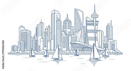 Modern City Skyline with Sailboats on Water Sketch.