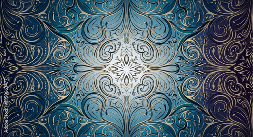 Intricate Blue and Teal Abstract Pattern with Swirls and Floral Motifs.