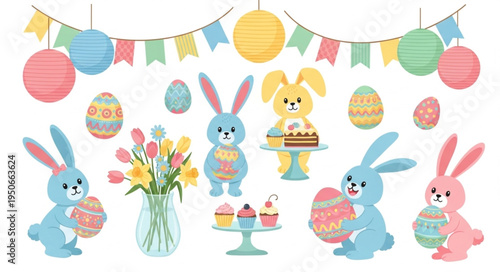 Easter Bunnies and Decorations with Eggs and Flowers.
