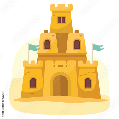 Sand castle with flags vector illustration isolated beach design element perfect for summer vacation seaside fun and coastal themed artwork