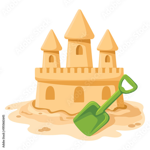Sandcastle with towers and shovel minimalist style cartoon vector illustration featuring pointed turrets and spade placed in front for beach themed designs