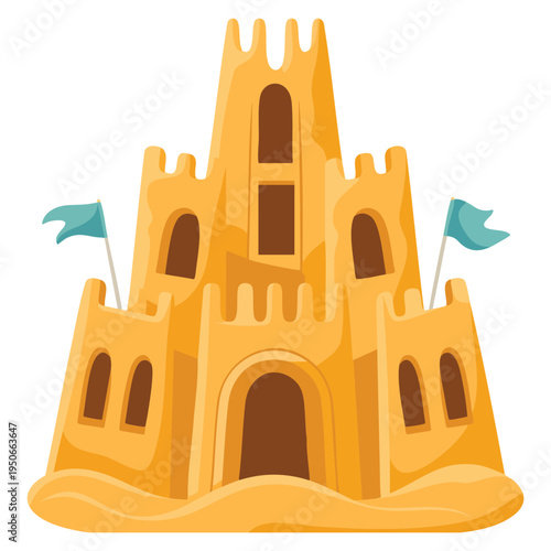 Sand castle with flags detailed vector illustration suitable for summer beach holiday seaside adventure and coastal creative themes