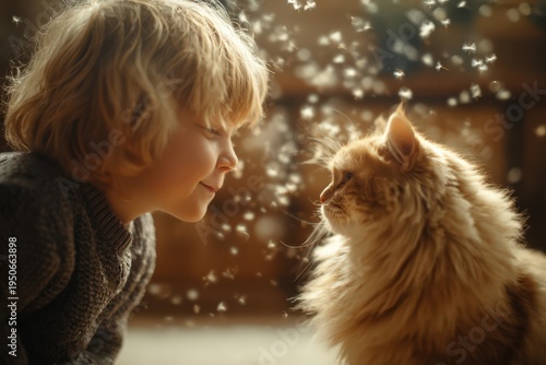 Child sneezes while close to a fluffy cat with fur floating in the air