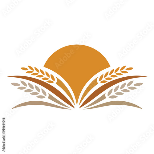 Semi circular sun with flowing wavy rays and wheat stalks in earthy tones vector illustration inspired by bohemian nature and rustic design concept