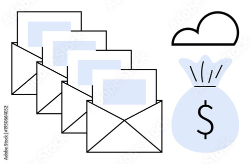 Business communication, email services, financial management, investment funds, digital payments, cloud storage. Multiple envelopes, cloud and money bag icon. Business communication and finance