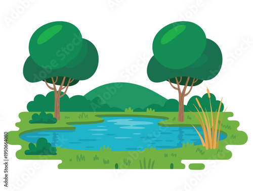 Serene small pond cartoon illustration surrounded by greenery with gentle ripples on water surface flat vector illustration on white background