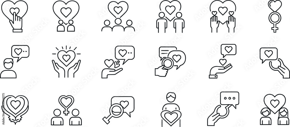 Fototapeta premium Collection of hand drawn heart icons and people holding hearts isolated on transparent background