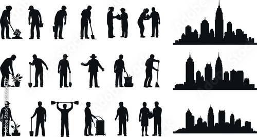 Collection of city worker silhouettes isolated on transparent background