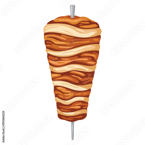 Shawarma doner kebab with meat cut into thin slices stacked in cone shape roasted on slowly turning vertical rotisserie, ideal for street food menu design