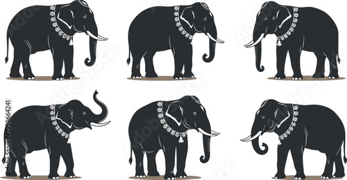 Six black elephants with decorative harnesses isolated on transparent background
