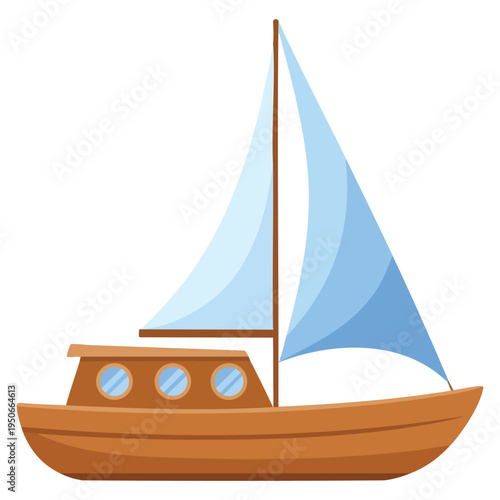 Simple wooden sailboat sailing on the water with white sail suitable for nautical travel marine adventure and summer ocean themed illustration
