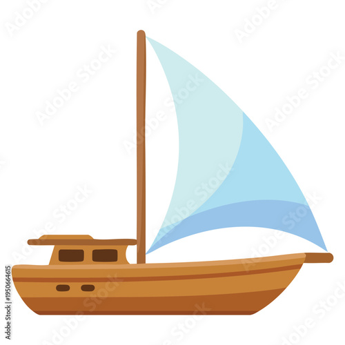 Simple wooden sailboat with white sail sailing on the water ideal for summer travel ocean adventure nautical theme and peaceful marine illustration concepts