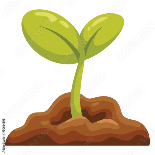 Small green plant with two leaves sprouting from brown dirt pile, symbolizing new life, hope, and growth, eco nature concept visual design