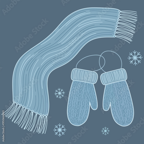 Cozy winter accessories with a stylish scarf and knitted mittens set against a snowy backdrop