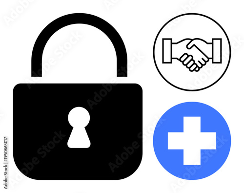 Security concept. Security is ed by a lock, handshake, and medical cross, protection, trust, and healthcare. Security in agreements health systems and data privacy. Ideal for medical business
