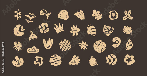 Organic abstract shapes doodle icon set arranged as playful hand drawn elements in minimalist style. Simple naive vector illustration with nature inspired forms ideal for modern branding, packaging