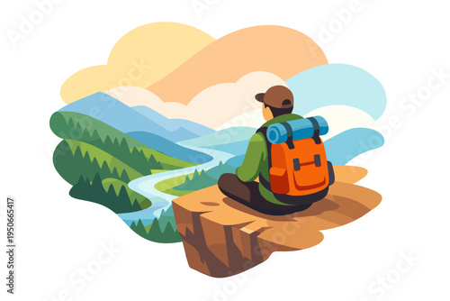 Man with backpack sitting on cliff overlooking scenic valley and river.