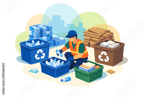 Worker sorting recyclable materials into bins for environmental conservation.