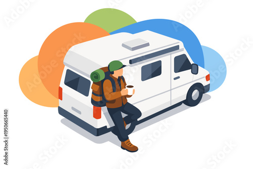 Man with backpack and coffee cup leaning on camper van.