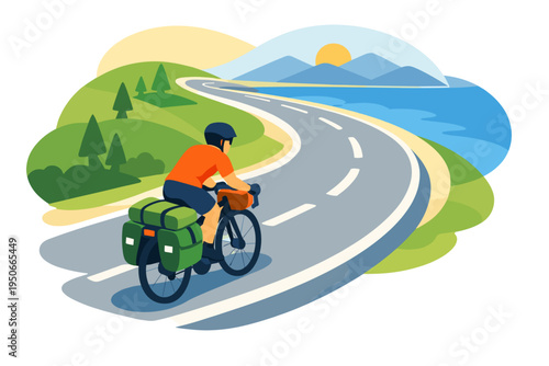 Cyclist riding bicycle on scenic road near ocean and mountains.