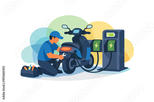 Mechanic repairs electric scooter at charging station illustration.