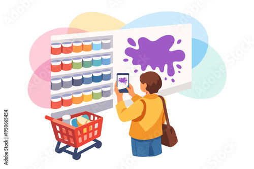Person choosing paint colors in a store using a mobile app.