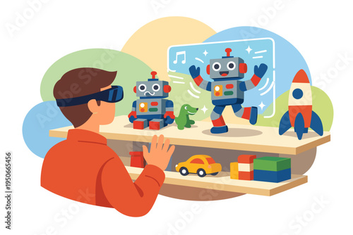 Boy wearing virtual reality headset interacting with digital robots and toys.