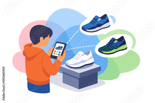 Man using smartphone to choose running shoes online.