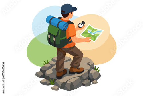 Man hiker with backpack and map looking for direction.