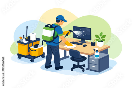 Office worker sanitizing computer desk with spray bottle and backpack.