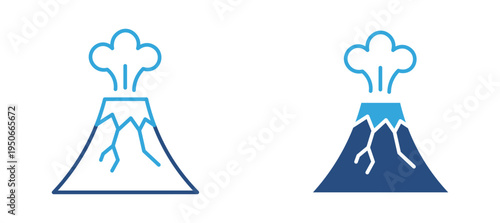 Volcano eruption icon set. Exploding volcano with smoke and lava, natural disaster, geology and earth science concept. Vector illustration.