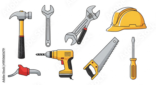 Collection of various hand tools and safety helmet.