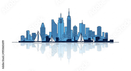 Modern Cityscape Skyline with Tall Buildings and Sailboats.