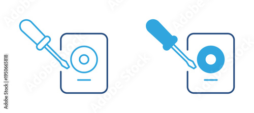 Hard drive repair icon set. Screwdriver and storage disk, data recovery, computer maintenance and hardware repair concept. Vector illustration.