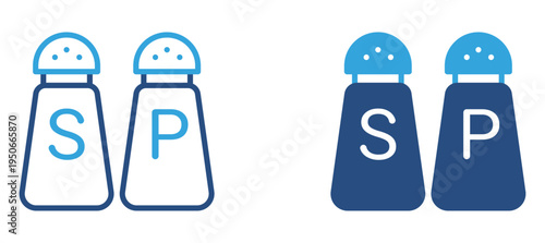Salt and pepper icon set. Kitchen seasoning containers, cooking ingredients and dining table condiment concept. Vector illustration.
