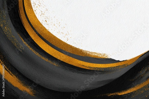 Bold black brushstrokes accented with golden lines on textured white background