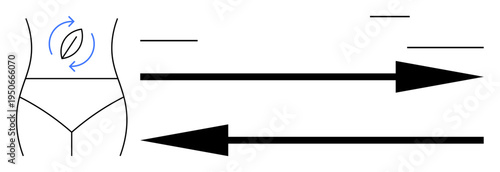 Health education, digestion, anatomy, metabolism, medical explanation, dietary awareness. Abstract diagram with arrows and stylized ion of stomach area. Health education and digestion concept
