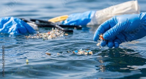 A gloved hand collects microplastic debris from the surface of clear blue water, highlighting marine pollution and environmental cleanup efforts.