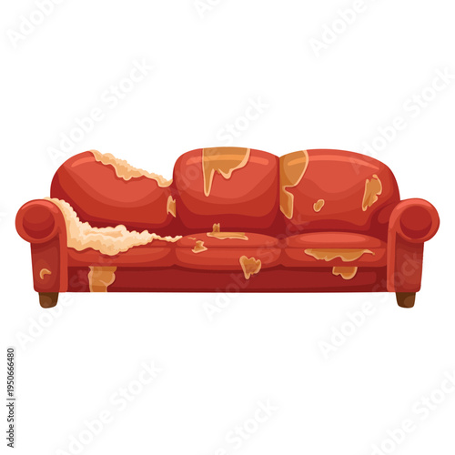 Torn old couche broken sofa icon living room isolated on white background damaged indoor furniture messy seat vector cartoon style