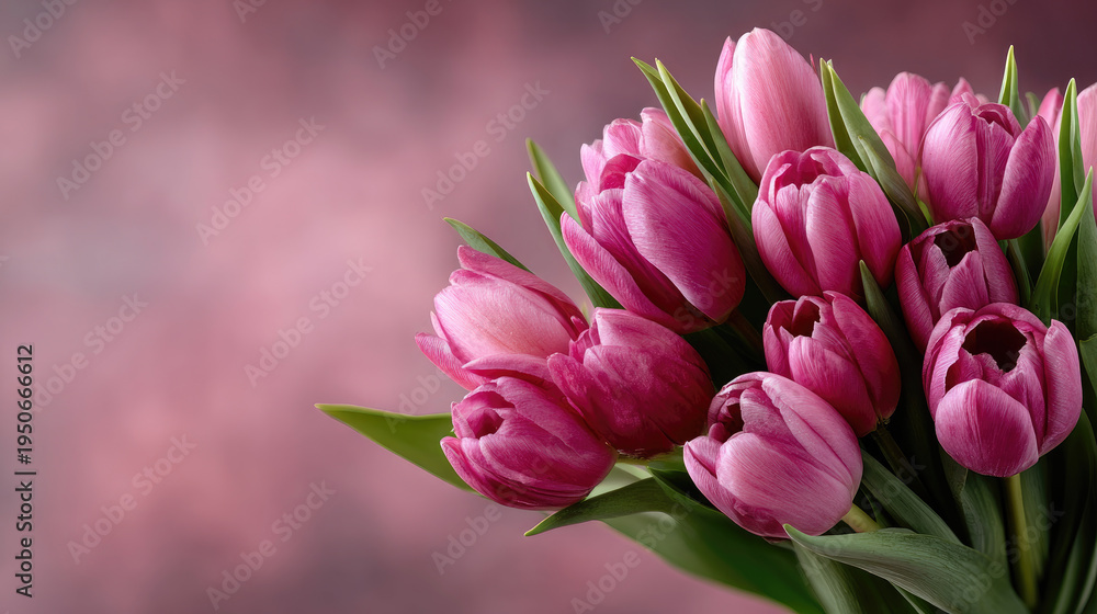 Obraz premium Pink tulips bouquet with fresh green leaves and dark berries rests on a pastel pink surface, representing spring, love, joy, and celebration for Mother's Day, anniversaries, or birthdays