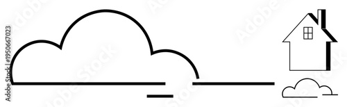 Weather, home, simplicity, graphic design, real estate environmental . Minimalist line art a cloud and a house. Weather and home conceptual themes. Line metaphor. Simple line icons